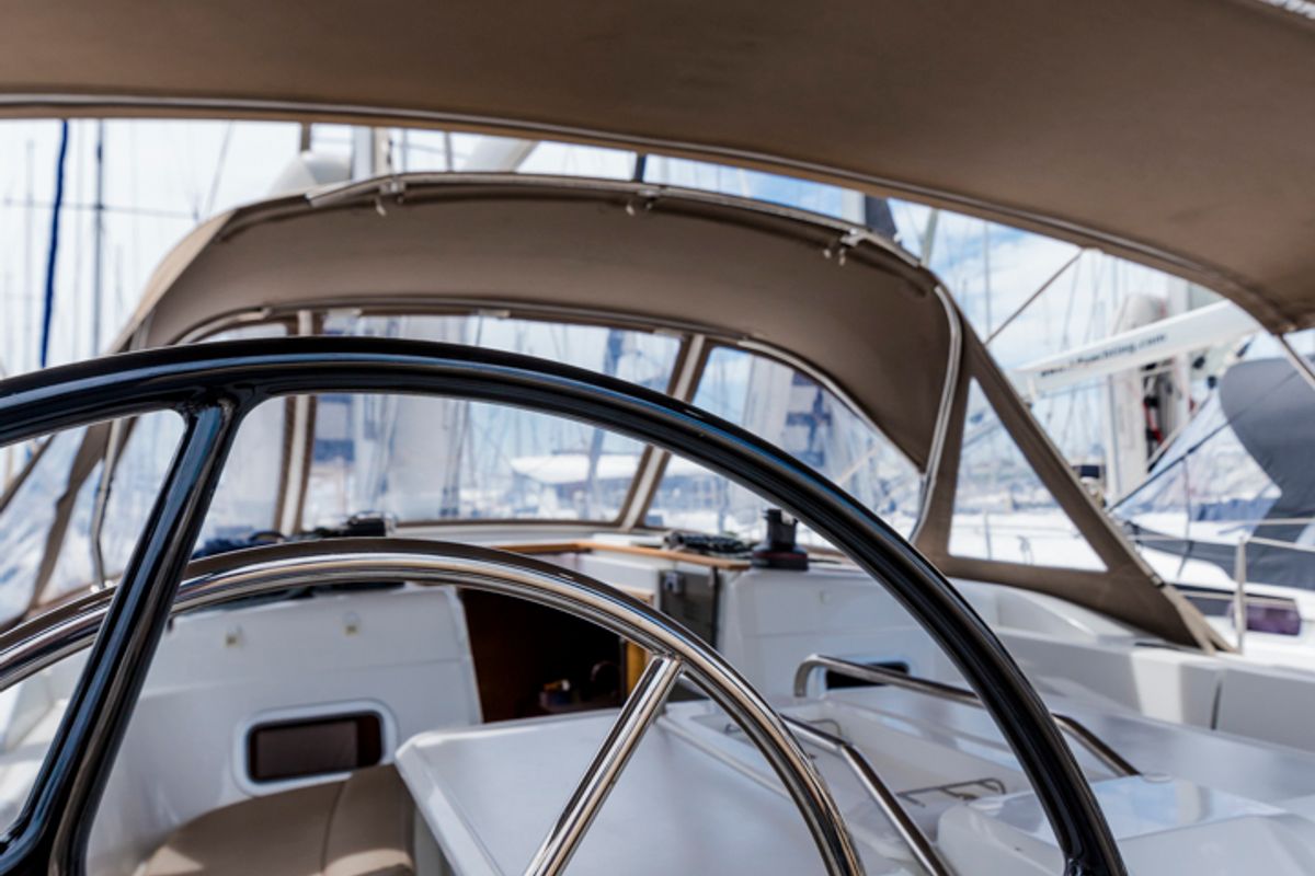 Cockpit of Odysseus, a Jeanneau Sun Odyssey 479 sailboat at Tourlos, Greece
