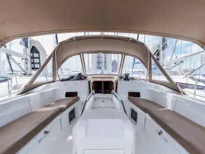Deck of Odysseus, a Jeanneau Sun Odyssey 479 sailboat at Tourlos, Greece