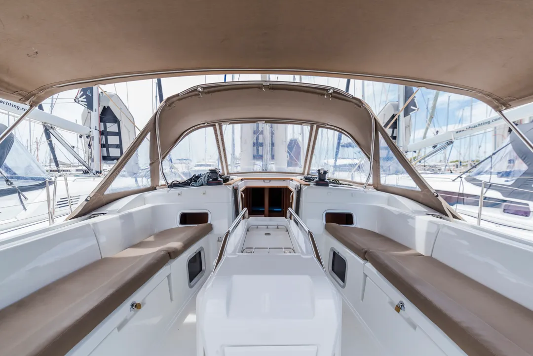 Deck of Odysseus, a Jeanneau Sun Odyssey 479 sailboat at Tourlos, Greece