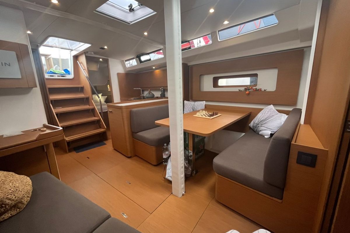 Salon of Checkmate, a Beneteau First 44 sailboat at Split, Croatia