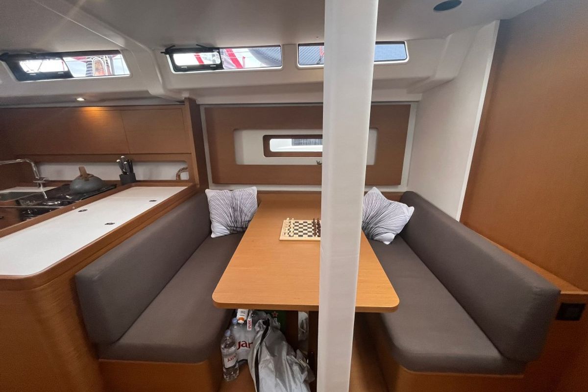 Salon of Checkmate, a Beneteau First 44 sailboat at Split, Croatia