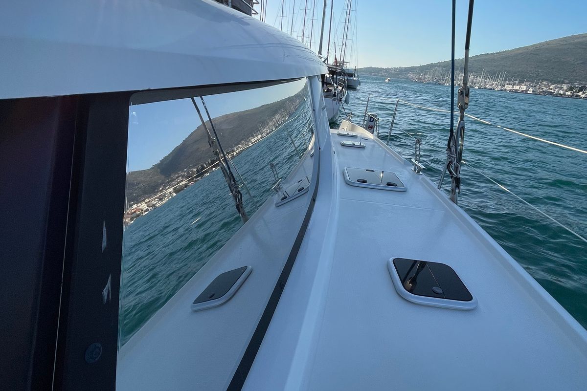 Exterior view of Lamela, a Fountaine Pajot Saba 50 catamaran at Municipal Unit of Lefkada, Greece