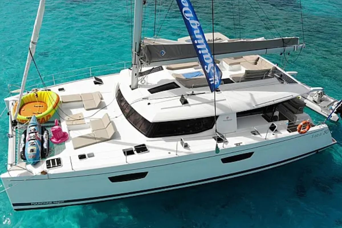 Exterior view of Lamela, a Fountaine Pajot Saba 50 catamaran at Municipal Unit of Lefkada, Greece