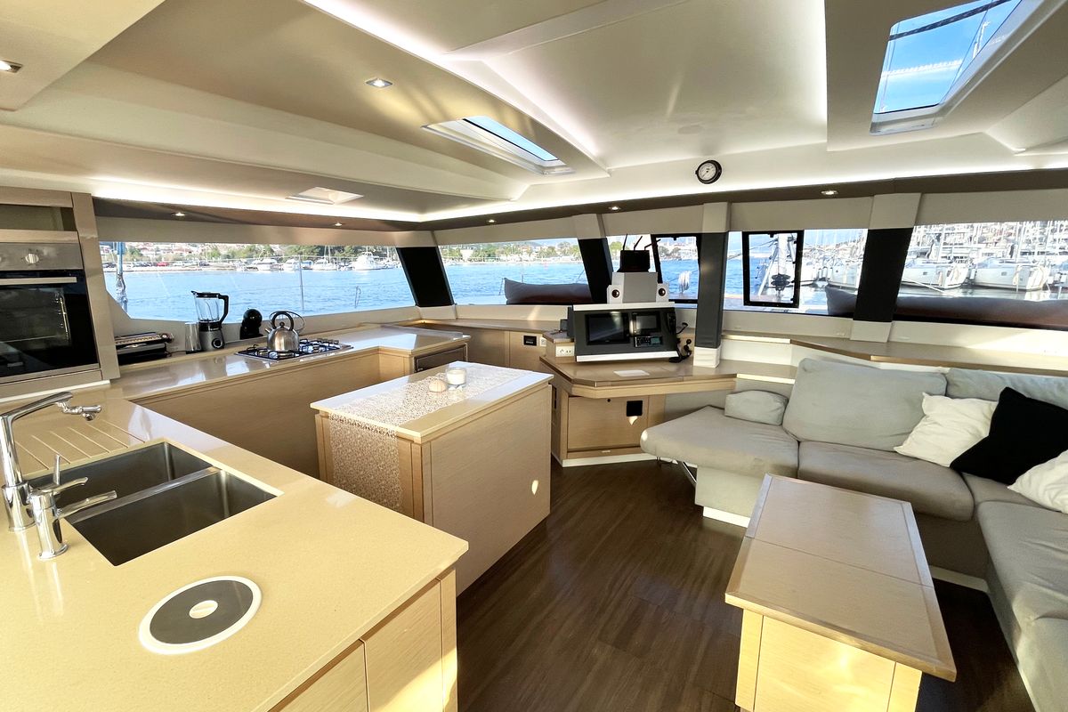 Salon of Lamela, a Fountaine Pajot Saba 50 catamaran at Municipal Unit of Lefkada, Greece