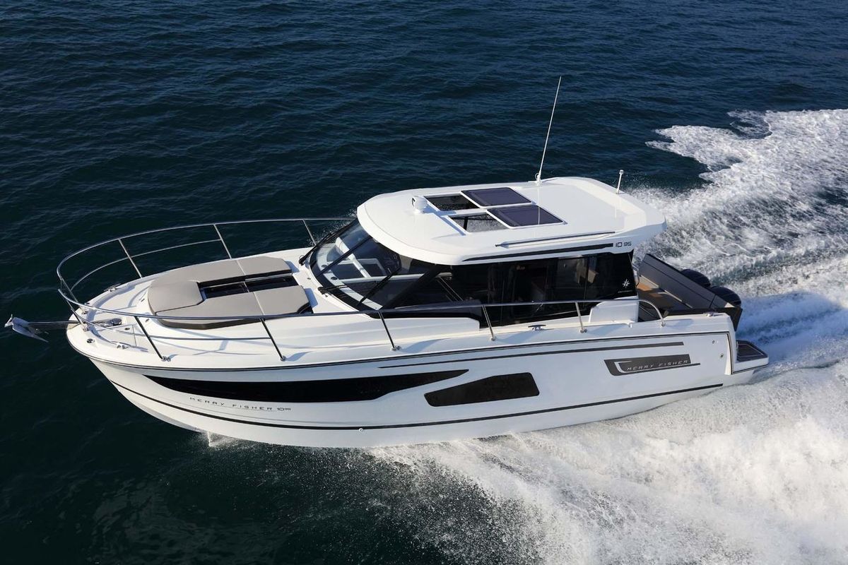 Exterior view of Talos, a Jeanneau Merry Fisher 1095 motorboat at Grad Biograd na Moru, Croatia