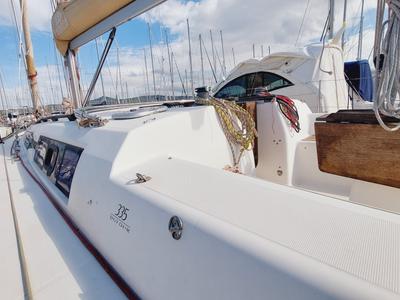 Deck of Caprice 2, a Dufour 335 Grand Large sailboat at Rosignano Solvay, Italy