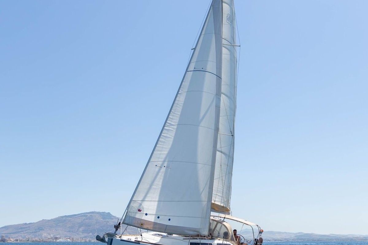 Exterior view of Caprice 2, a Dufour 335 Grand Large sailboat at Rosignano Solvay, Italy