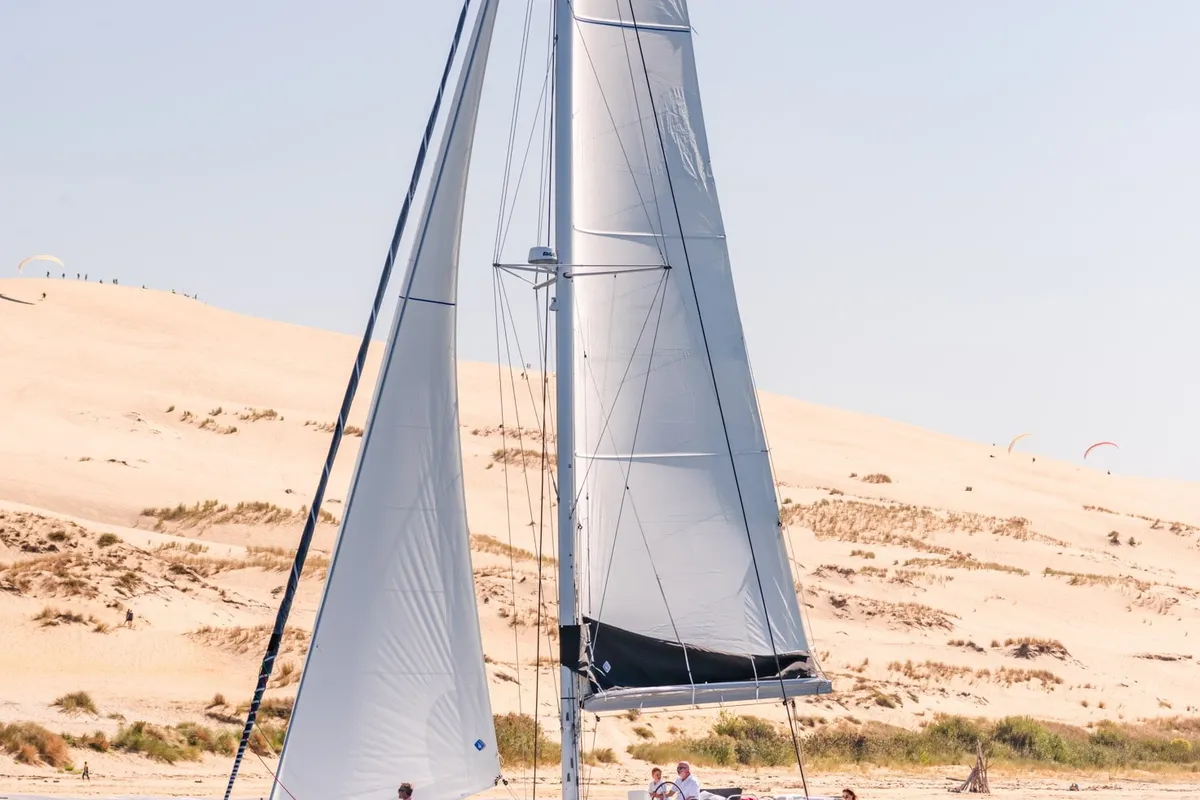 Exterior view of Krista, a Lagoon 46 catamaran at Athens, Greece