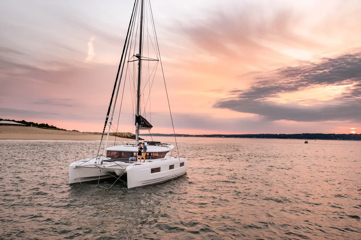Exterior view of Krista, a Lagoon 46 catamaran at Athens, Greece