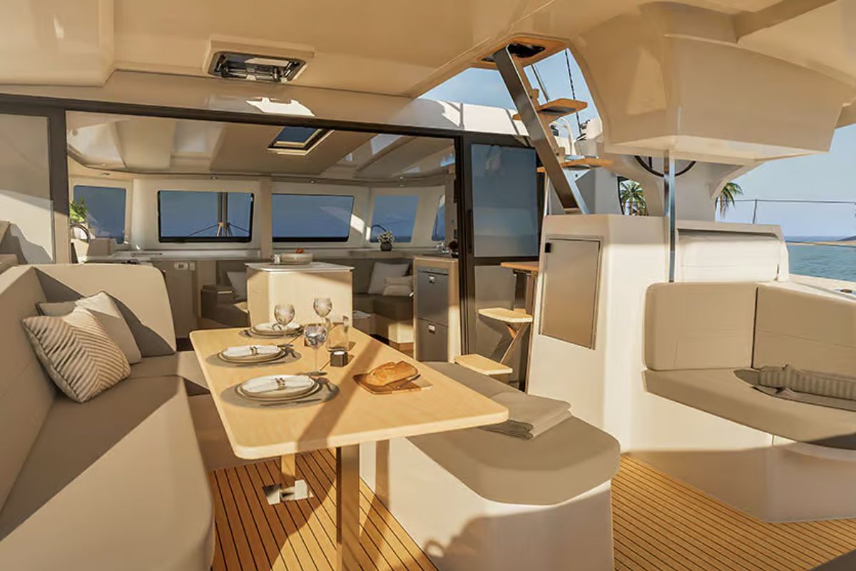 Deck of Keep It Movin', a Fountaine Pajot FP 41 Maesto 3 catamaran at Road Town, British Virgin Islands