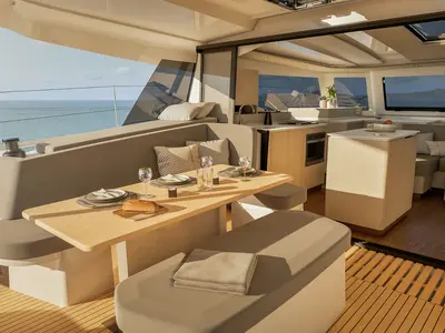 Deck of Keep It Movin', a Fountaine Pajot FP 41 Maesto 3 catamaran at Road Town, British Virgin Islands