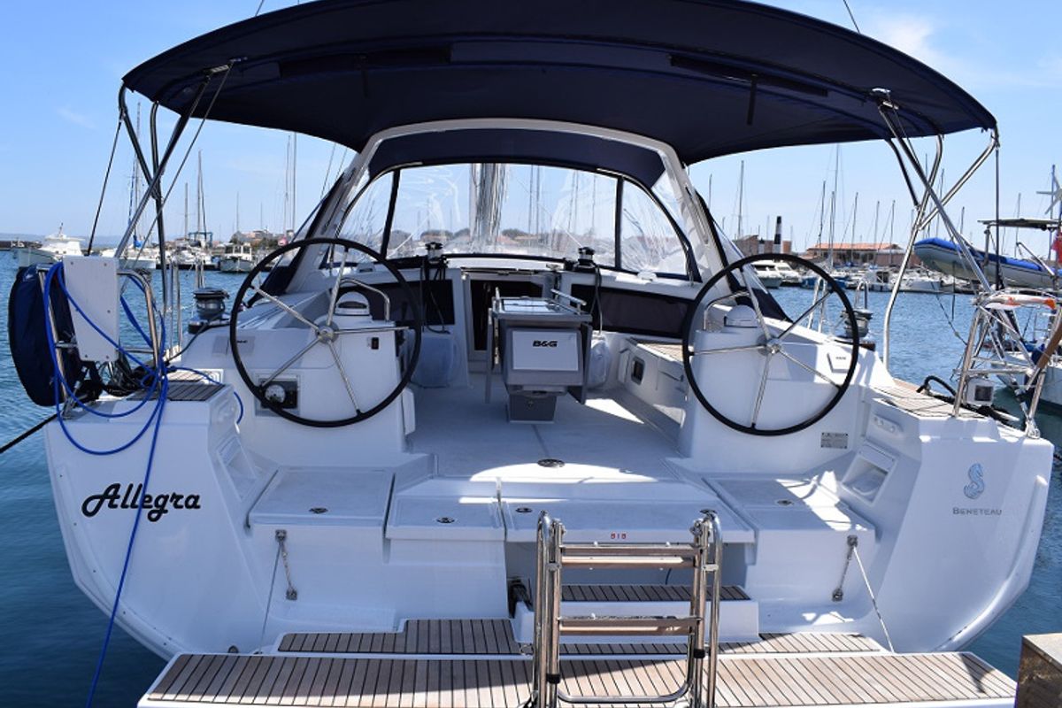 Deck of Allegra, a Beneteau Oceanis 48 sailboat at U Pàize/Carloforte, Italy