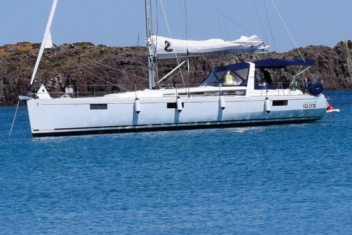Exterior view of Allegra, a Beneteau Oceanis 48 sailboat at U Pàize/Carloforte, Italy