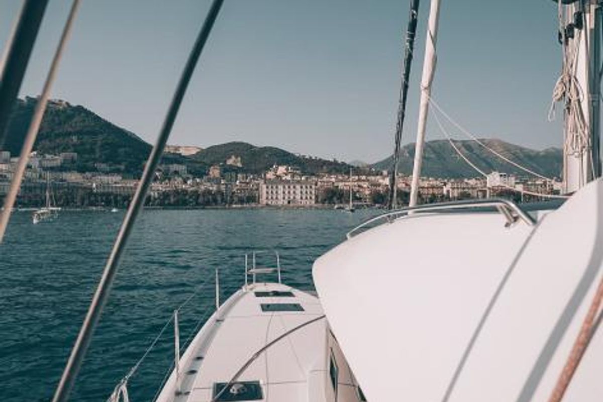 Exterior view of Lady G, a Lagoon 51 catamaran at Salerno, Italy
