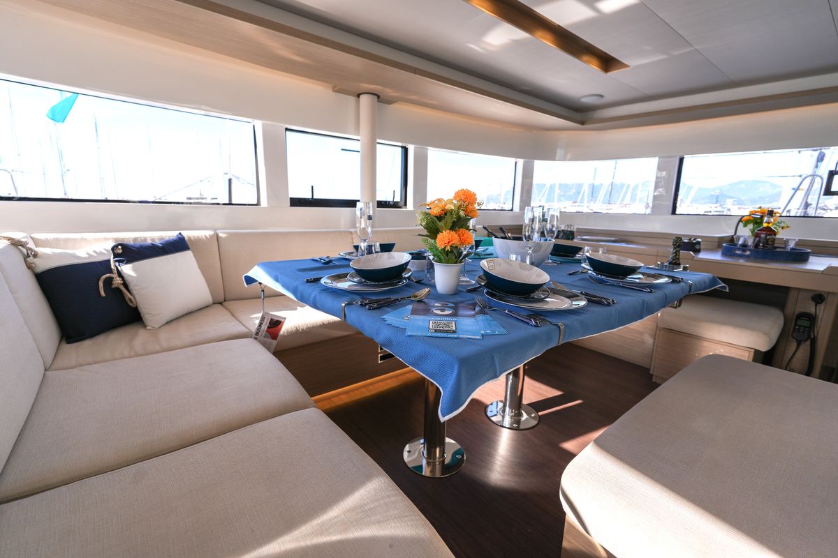 Salon of Lady G, a Lagoon 51 catamaran at Salerno, Italy