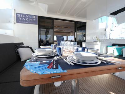 Deck of Lady G, a Lagoon 51 catamaran at Salerno, Italy