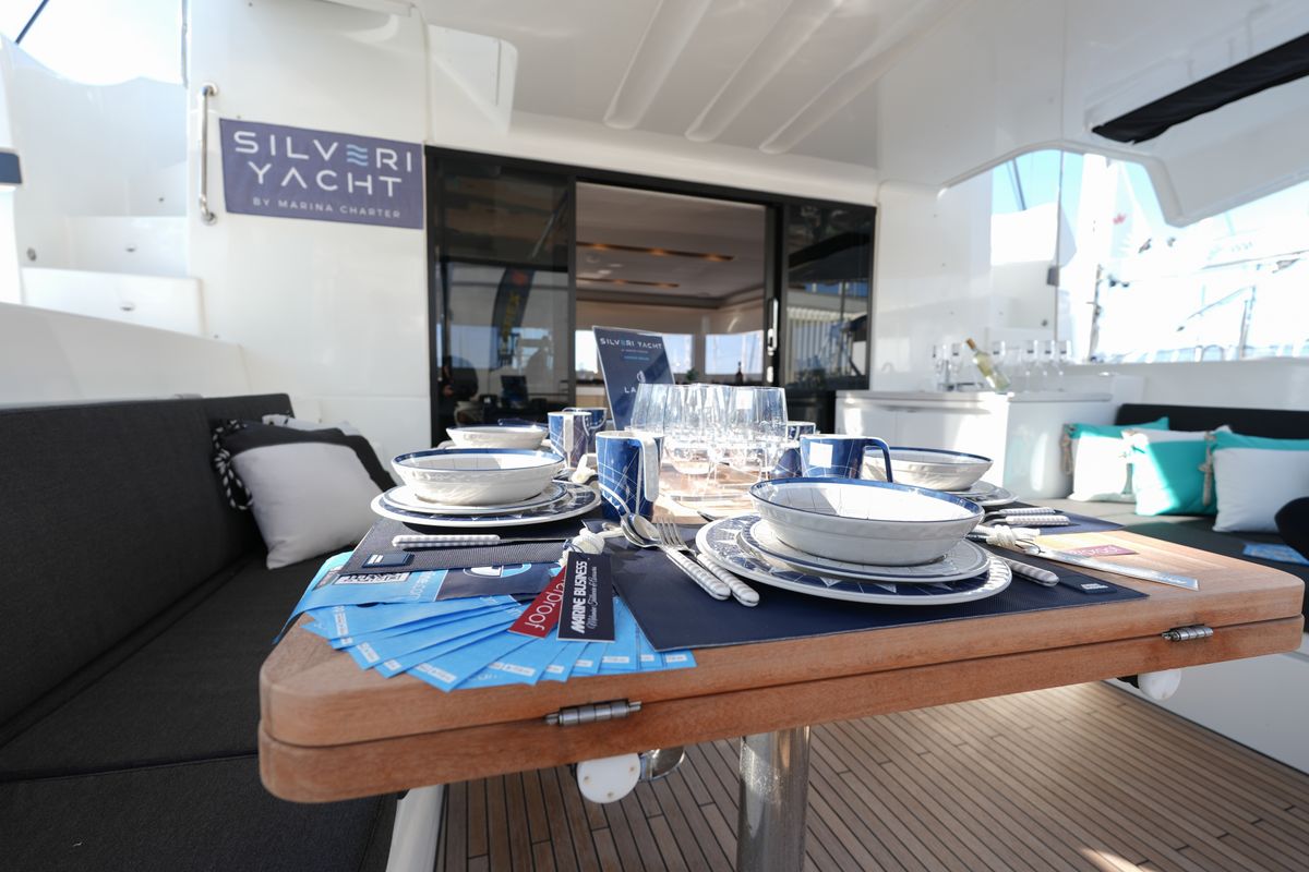 Deck of Lady G, a Lagoon 51 catamaran at Salerno, Italy