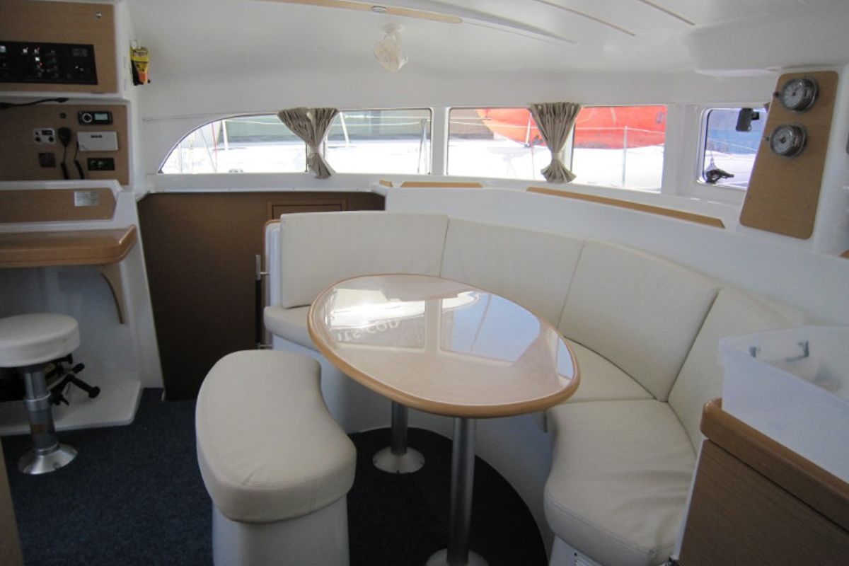 Salon of ThunderCat, a Lagoon 380 catamaran at Lavreotiki Municipal Unit, Greece