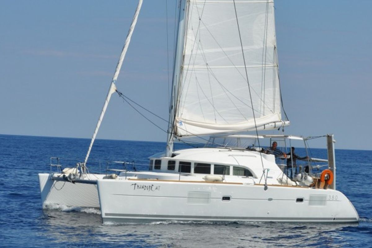 Exterior view of ThunderCat, a Lagoon 380 catamaran at Lavreotiki Municipal Unit, Greece