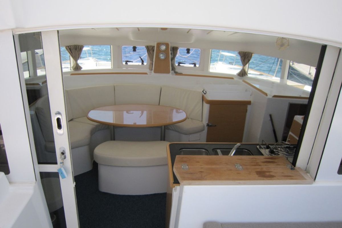 Salon of ThunderCat, a Lagoon 380 catamaran at Lavreotiki Municipal Unit, Greece