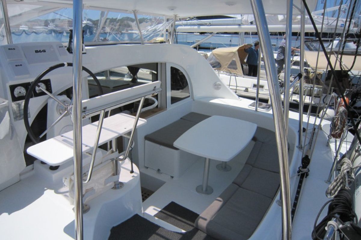 Cockpit of ThunderCat, a Lagoon 380 catamaran at Lavreotiki Municipal Unit, Greece