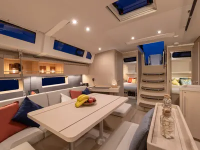 Salon of Moorings 46.3 Exclusive, a Beneteau Oceanis 46.1 sailboat at Marigot, France