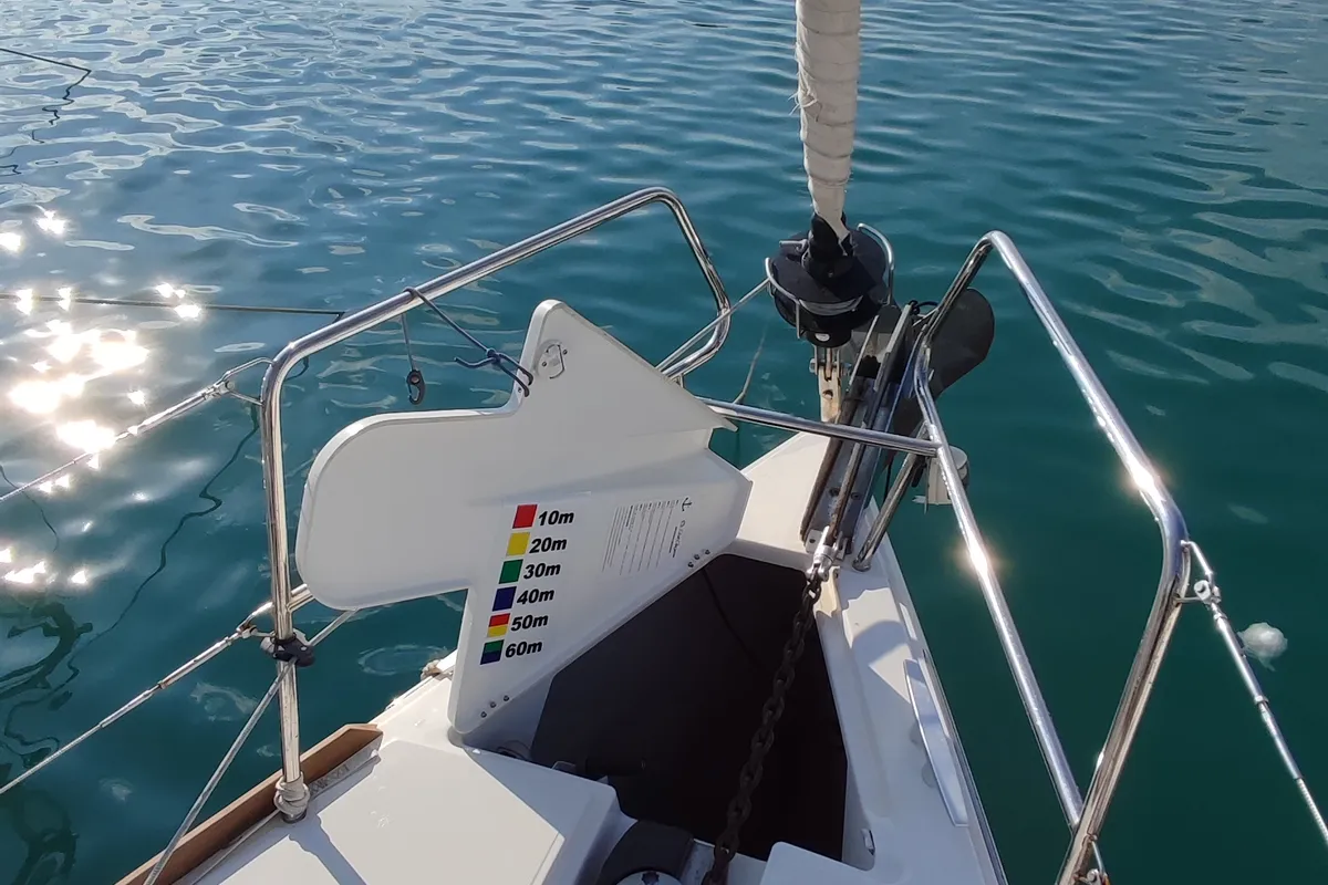 Exterior view of Eulimene, a Jeanneau Sun Odyssey 419 sailboat at Volos Municipality, Greece