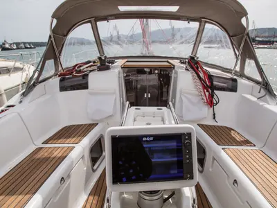 Cockpit of Eulimene, a Jeanneau Sun Odyssey 419 sailboat at Volos Municipality, Greece