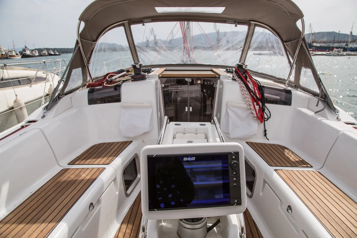 Cockpit of Eulimene, a Jeanneau Sun Odyssey 419 sailboat at Volos Municipality, Greece