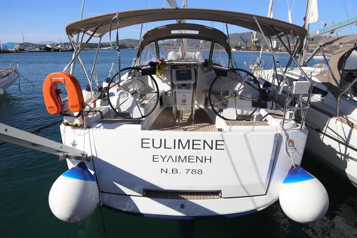 Exterior view of Eulimene, a Jeanneau Sun Odyssey 419 sailboat at Volos Municipality, Greece