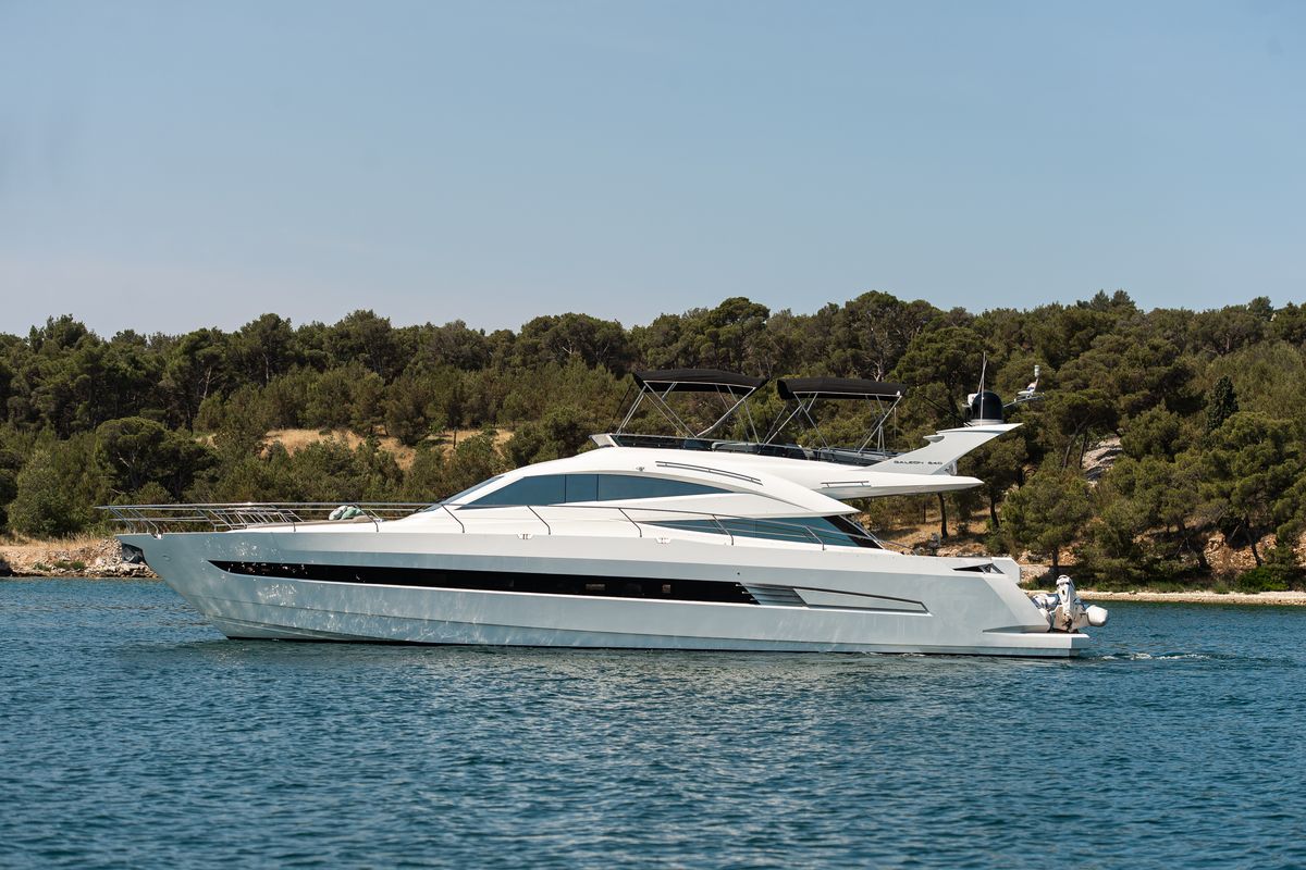 Exterior view of Le Chiffre, a Galeon 640 Fly yacht at Grad Šibenik, Croatia