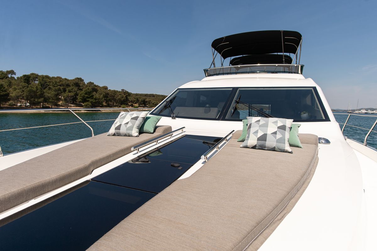 Deck of Le Chiffre, a Galeon 640 Fly yacht at Grad Šibenik, Croatia