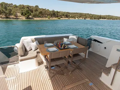 Deck of Le Chiffre, a Galeon 640 Fly yacht at Grad Šibenik, Croatia