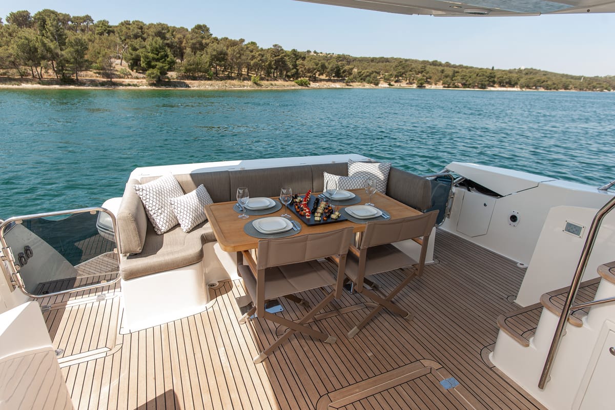 Deck of Le Chiffre, a Galeon 640 Fly yacht at Grad Šibenik, Croatia