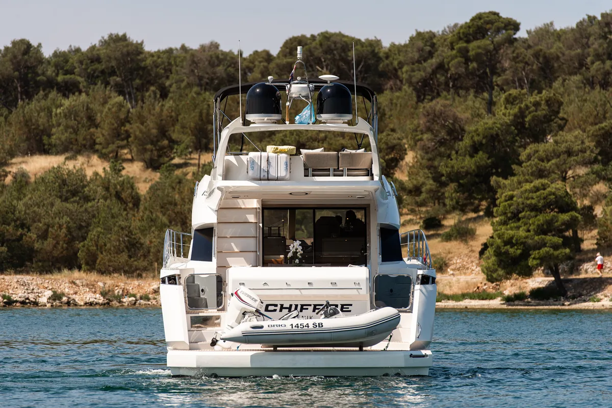Exterior view of Le Chiffre, a Galeon 640 Fly yacht at Grad Šibenik, Croatia