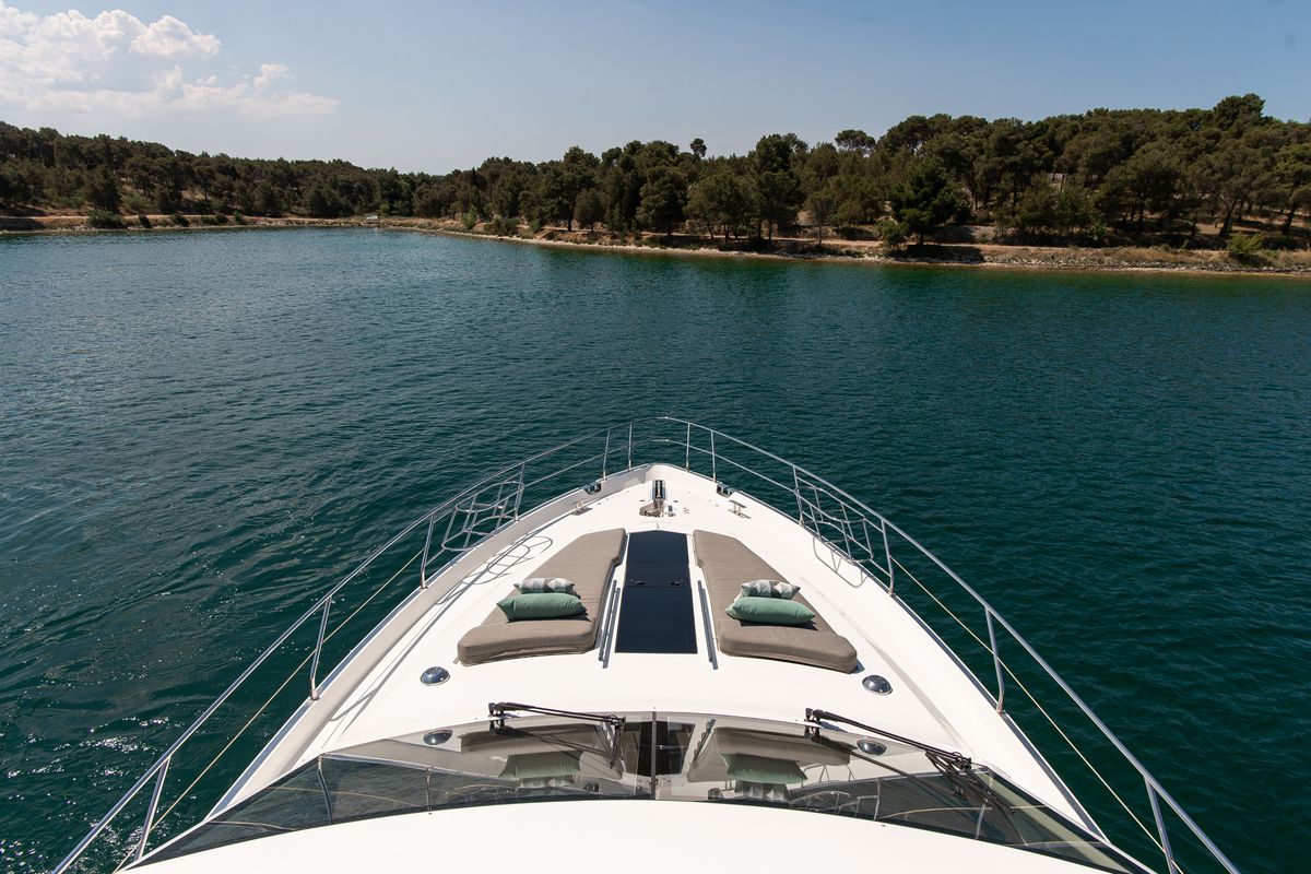 Deck of Le Chiffre, a Galeon 640 Fly yacht at Grad Šibenik, Croatia