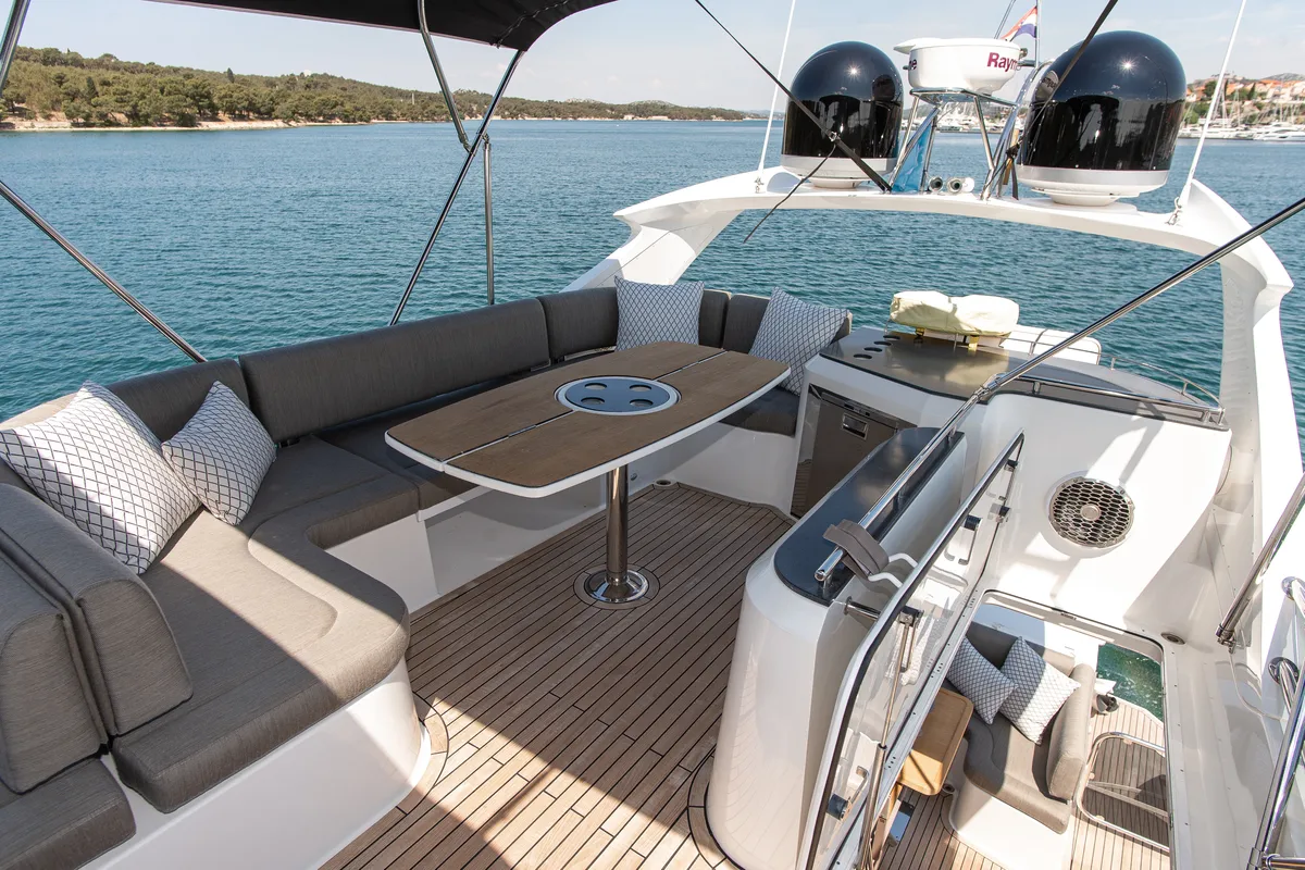 Deck of Le Chiffre, a Galeon 640 Fly yacht at Grad Šibenik, Croatia
