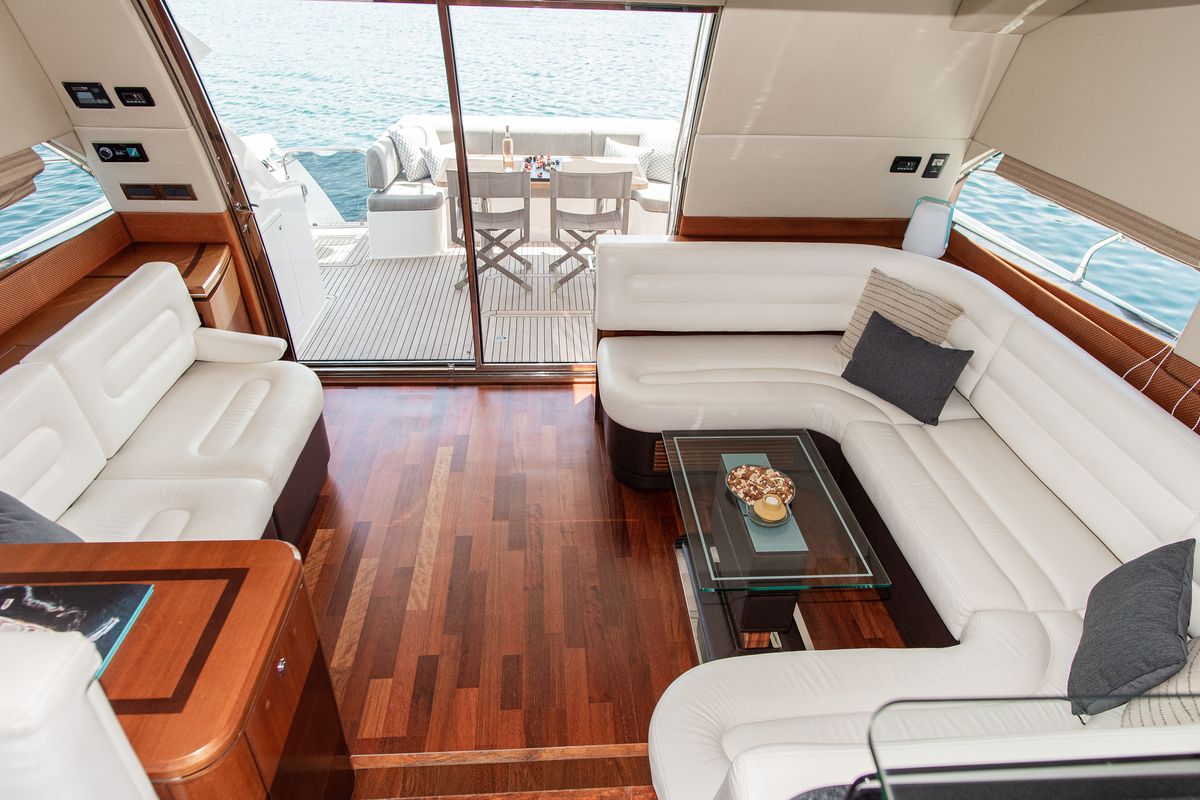 Salon of Le Chiffre, a Galeon 640 Fly yacht at Grad Šibenik, Croatia