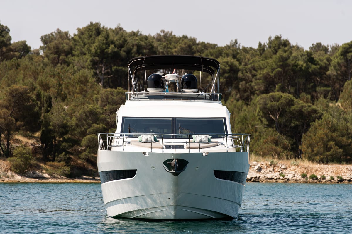 Exterior view of Le Chiffre, a Galeon 640 Fly yacht at Grad Šibenik, Croatia