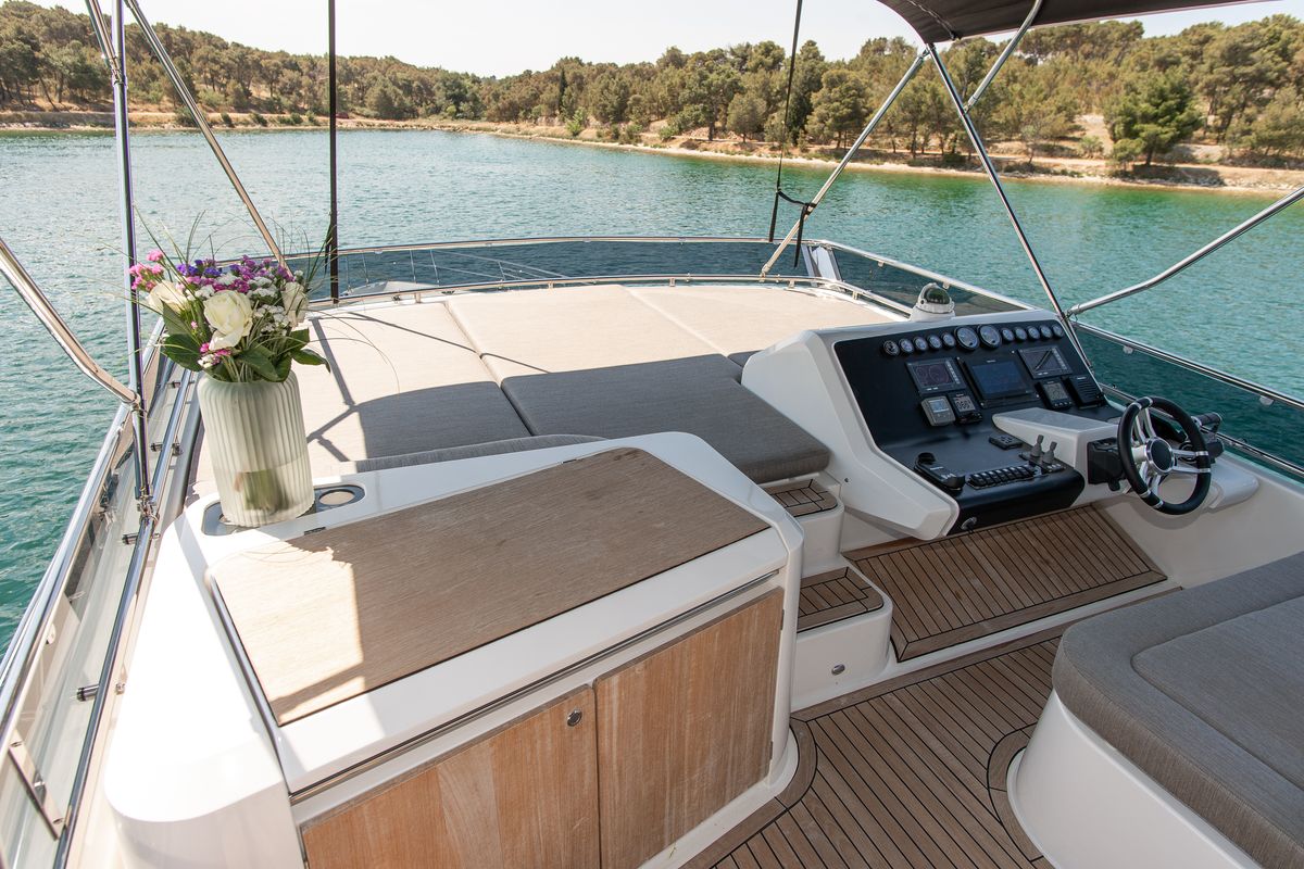 Cockpit of Le Chiffre, a Galeon 640 Fly yacht at Grad Šibenik, Croatia