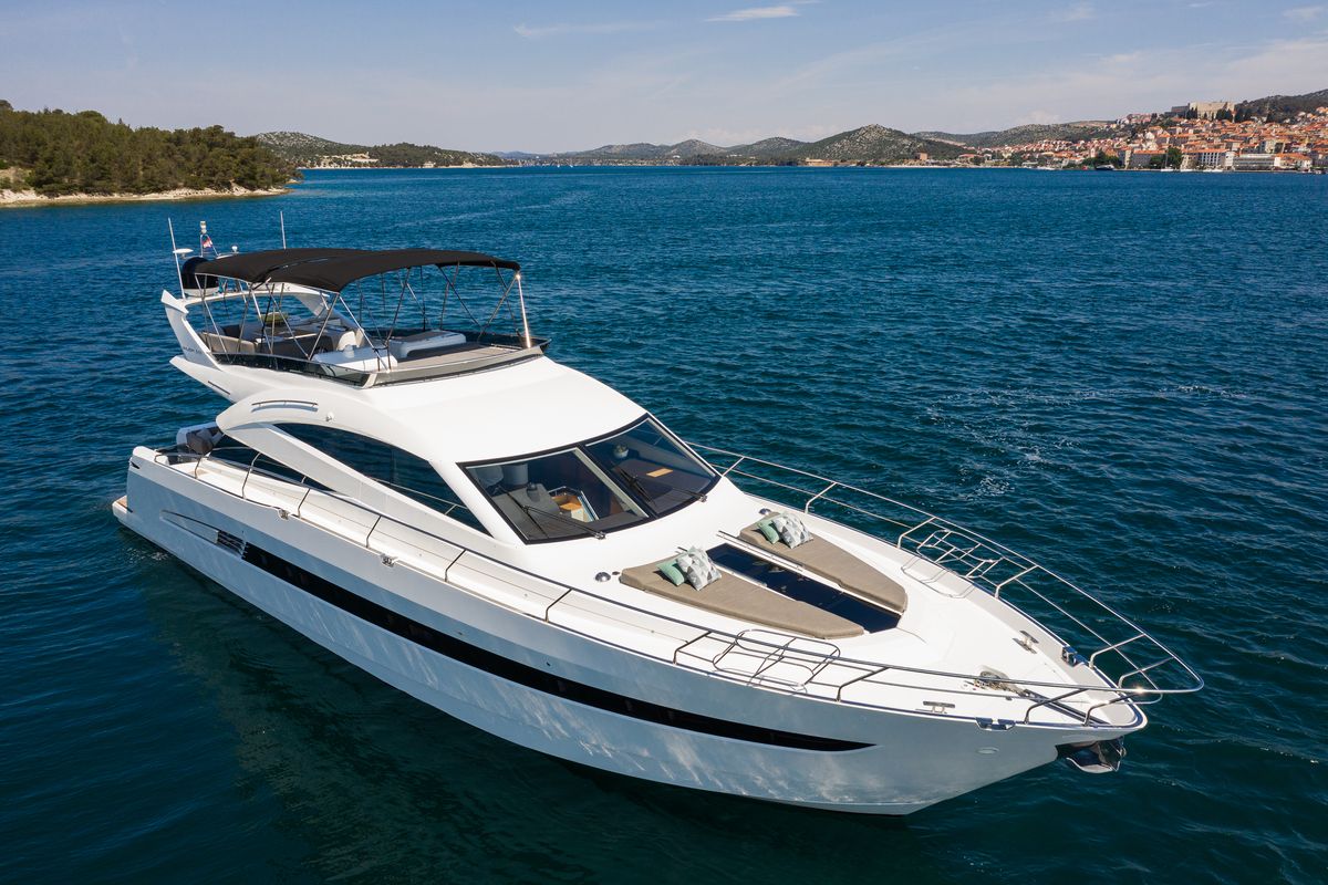 Exterior view of Le Chiffre, a Galeon 640 Fly yacht at Grad Šibenik, Croatia