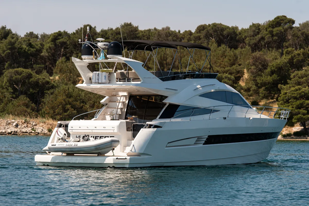Exterior view of Le Chiffre, a Galeon 640 Fly yacht at Grad Šibenik, Croatia