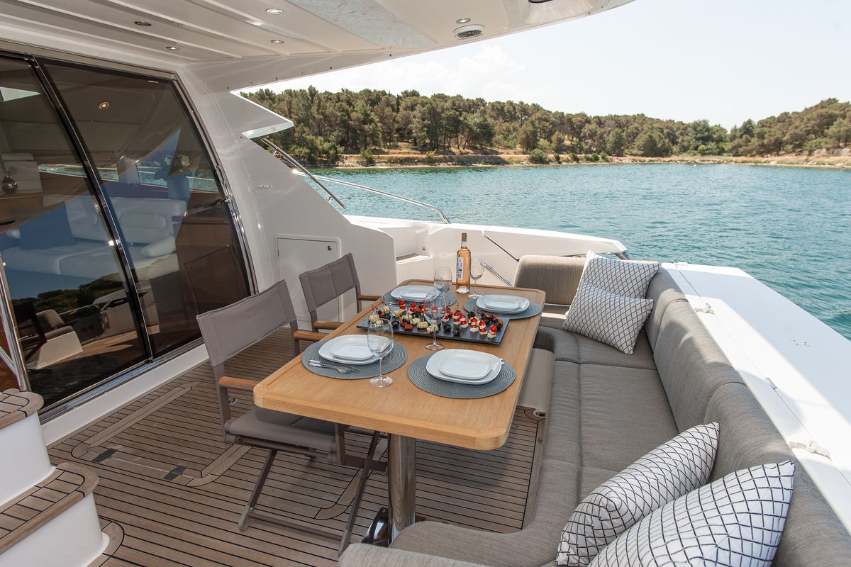 Deck of Le Chiffre, a Galeon 640 Fly yacht at Grad Šibenik, Croatia