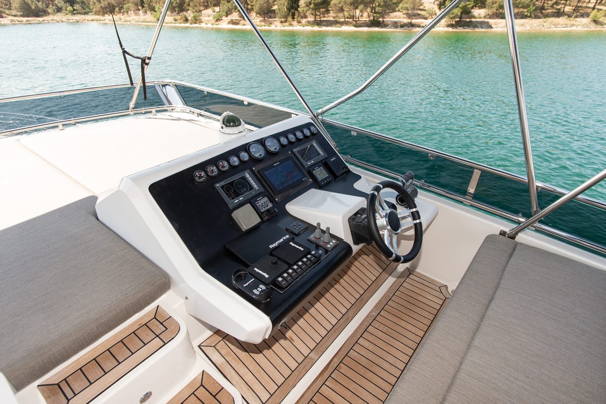 Cockpit of Le Chiffre, a Galeon 640 Fly yacht at Grad Šibenik, Croatia