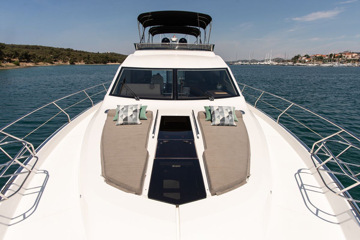 Deck of Le Chiffre, a Galeon 640 Fly yacht at Grad Šibenik, Croatia