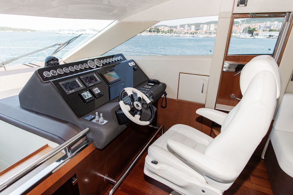 Cockpit of Le Chiffre, a Galeon 640 Fly yacht at Grad Šibenik, Croatia