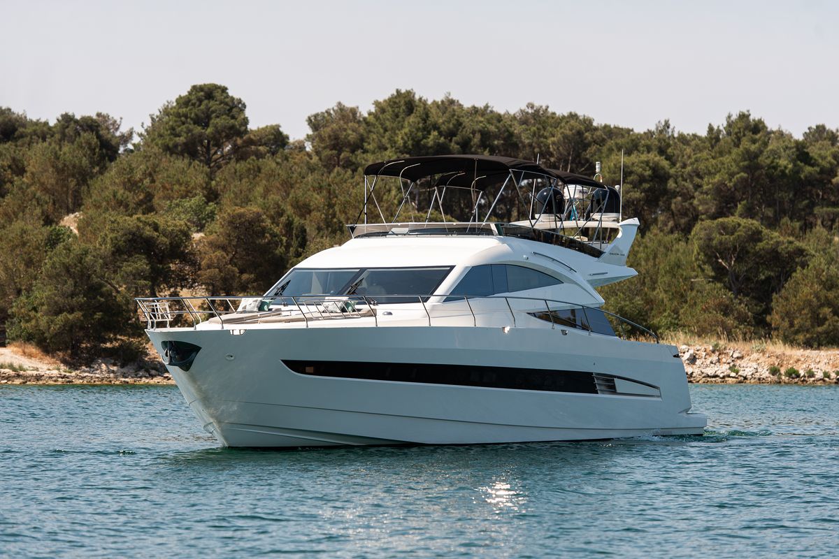 Exterior view of Le Chiffre, a Galeon 640 Fly yacht at Grad Šibenik, Croatia