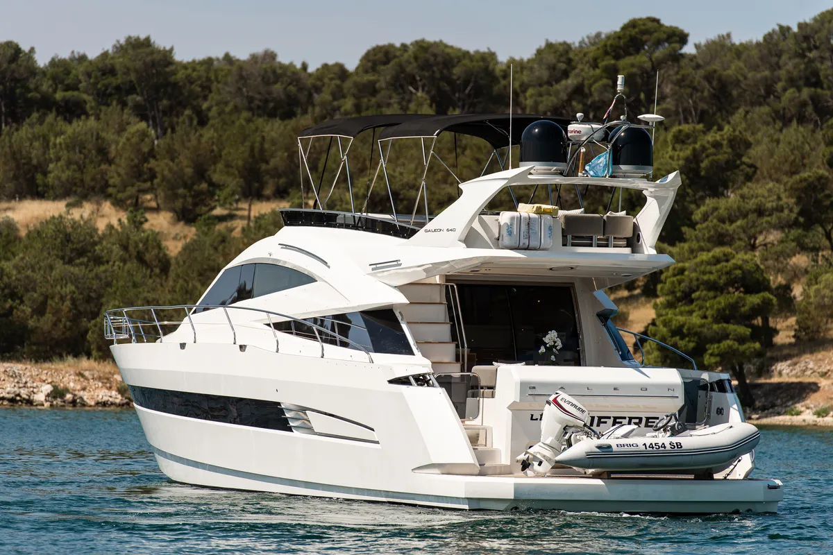 Exterior view of Le Chiffre, a Galeon 640 Fly yacht at Grad Šibenik, Croatia
