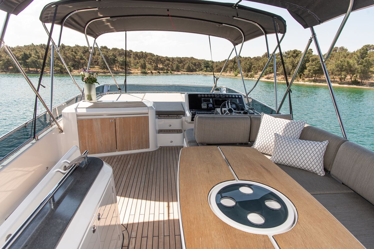 Deck of Le Chiffre, a Galeon 640 Fly yacht at Grad Šibenik, Croatia