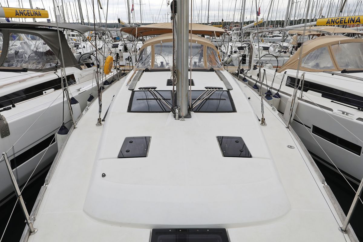 Deck of La Vie, a Dufour 412 GL sailboat at Grad Biograd na Moru, Croatia